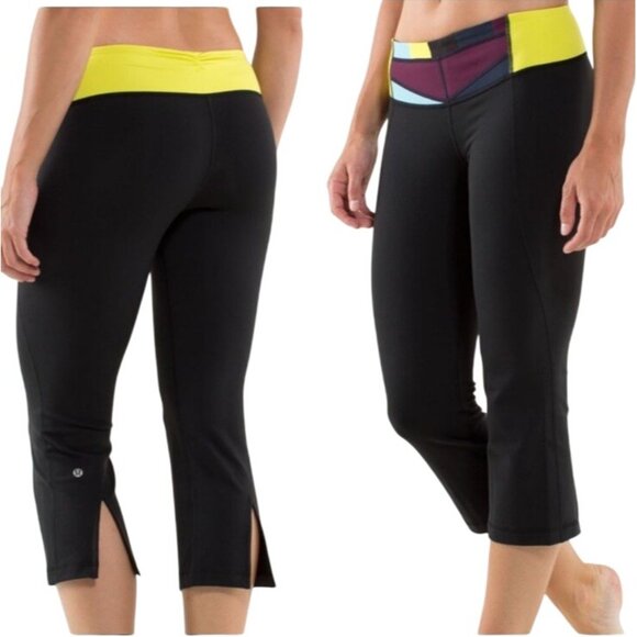 Lululemon Women’s 8 Gather & Crow Crop Pull-On Luon Athletic Panst Black Yellow - Picture 1 of 13
